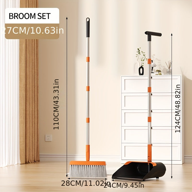 Folding Broom and Dustpan Set with Sectioned Handle, Rotating Head and Nine Blue, Orange or Khaki Checkout Options