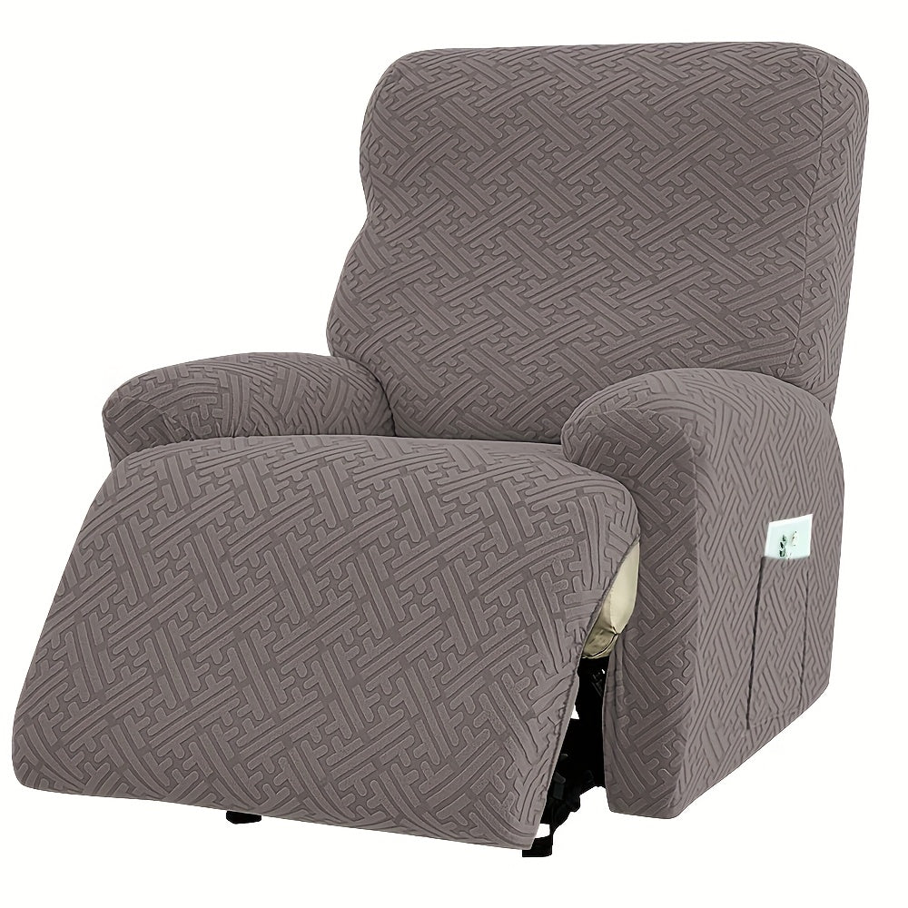 Four-Piece Maze Jacquard Recliner Chair Cover Set with Side Pocket and Nine Solid Color Options