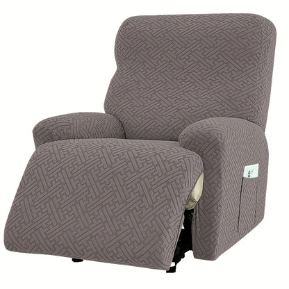 Four-Piece Maze Jacquard Recliner Chair Cover Set with Side Pocket and Nine Solid Color Options