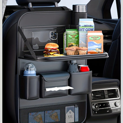 Seatback Car Organizer with Fold-Down Tray, Cup Recesses, Tissue Opening and One- or Two-Piece Packs