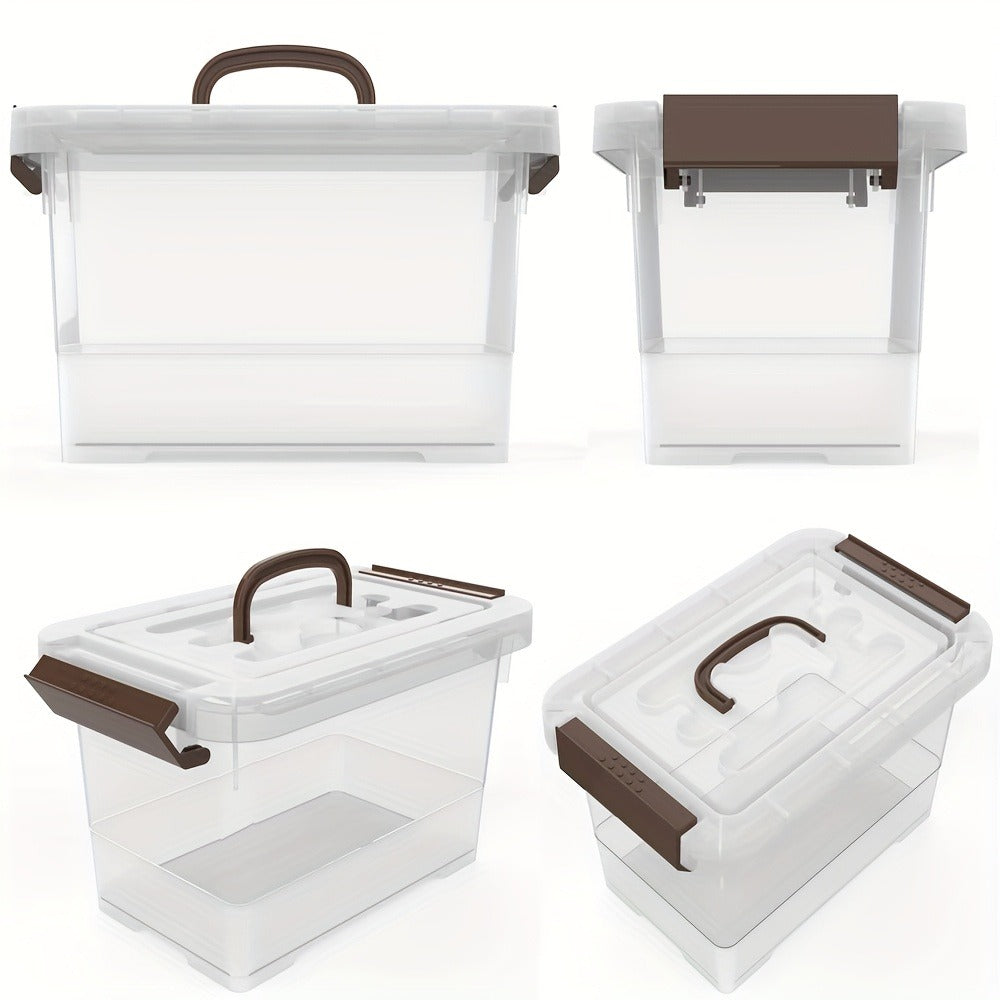 Six-Pack 3.5-Quart Clear Storage Bin Set with Brown Latches, Lid Handles and Stackable Shape