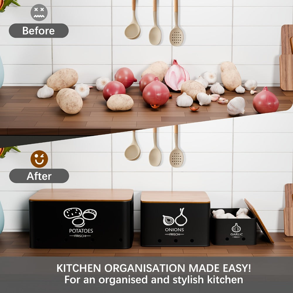 Three-Piece Black Metal Canister Set Labeled for Potatoes, Onions and Garlic in Graduated Sizes