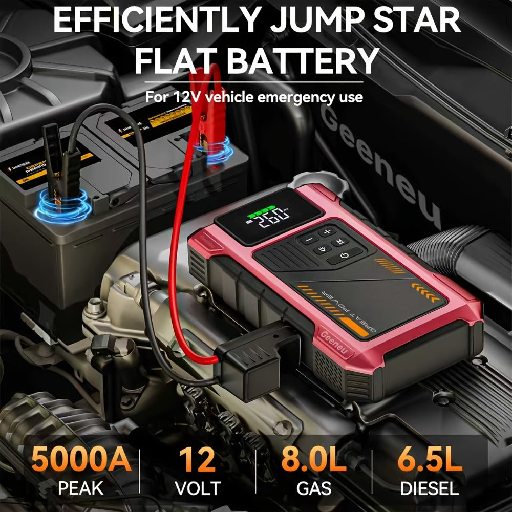 Portable Jump Starter 9-in-1 with Air Compressor – 12V Car Battery Booster for 8.0L Gas & 6.5L Diesel, USB-C, LED Emergency Light