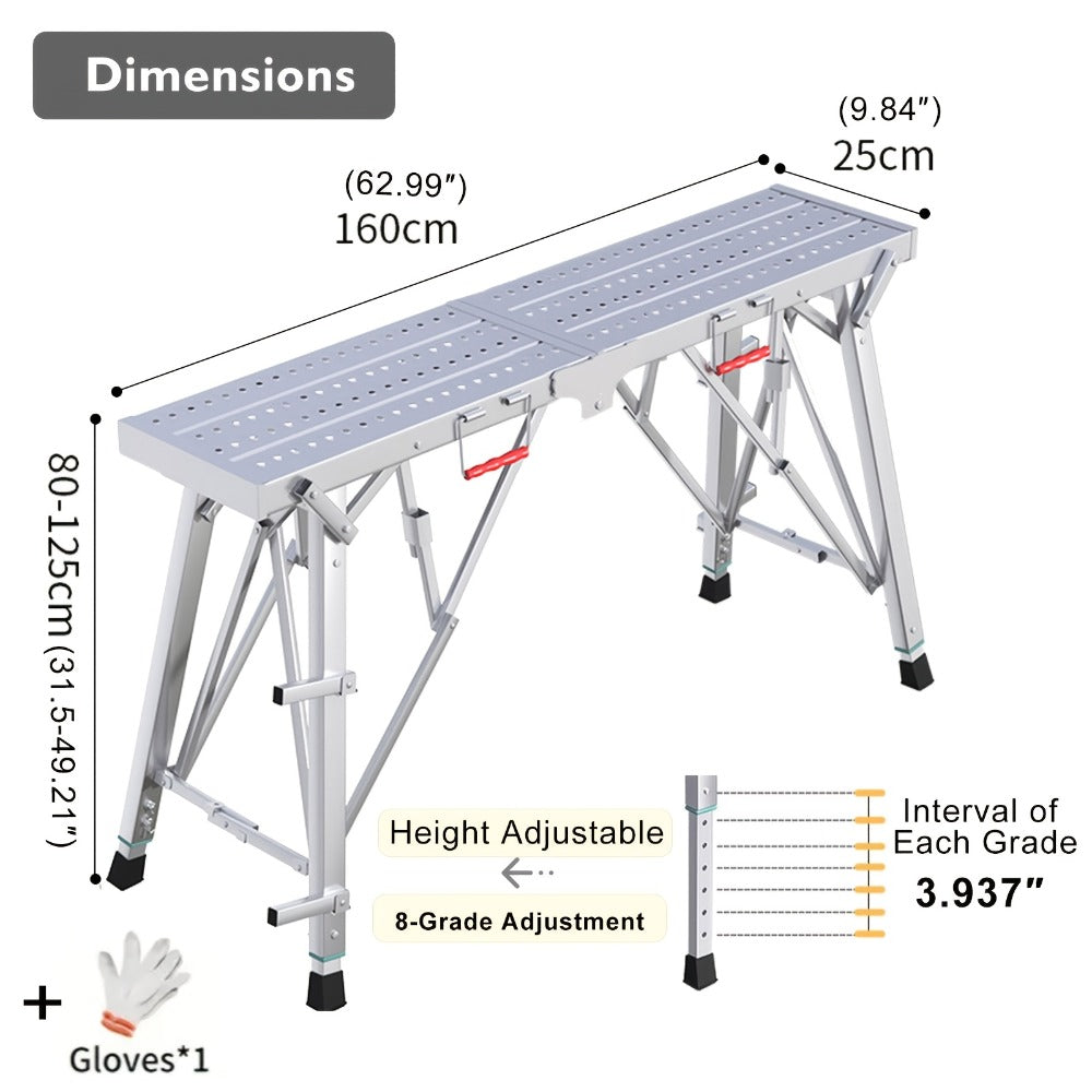 Adjustable Folding Scaffolding Work Platform, Portable Drywall Bench Step Ladder with Anti-Slip Feet & Safety Lock