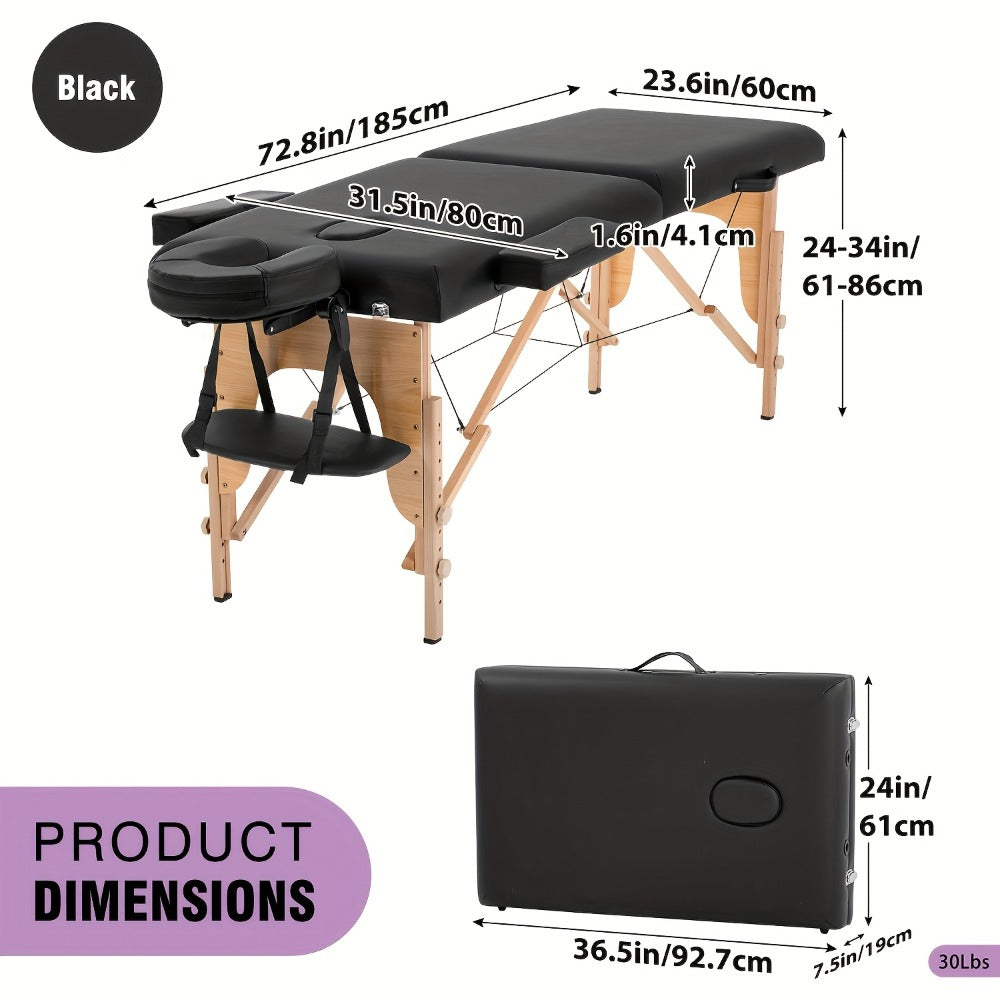 2-Fold Portable Massage Table with Face Cradle & Carrying Bag, Adjustable Height PU Leather Lash Bed