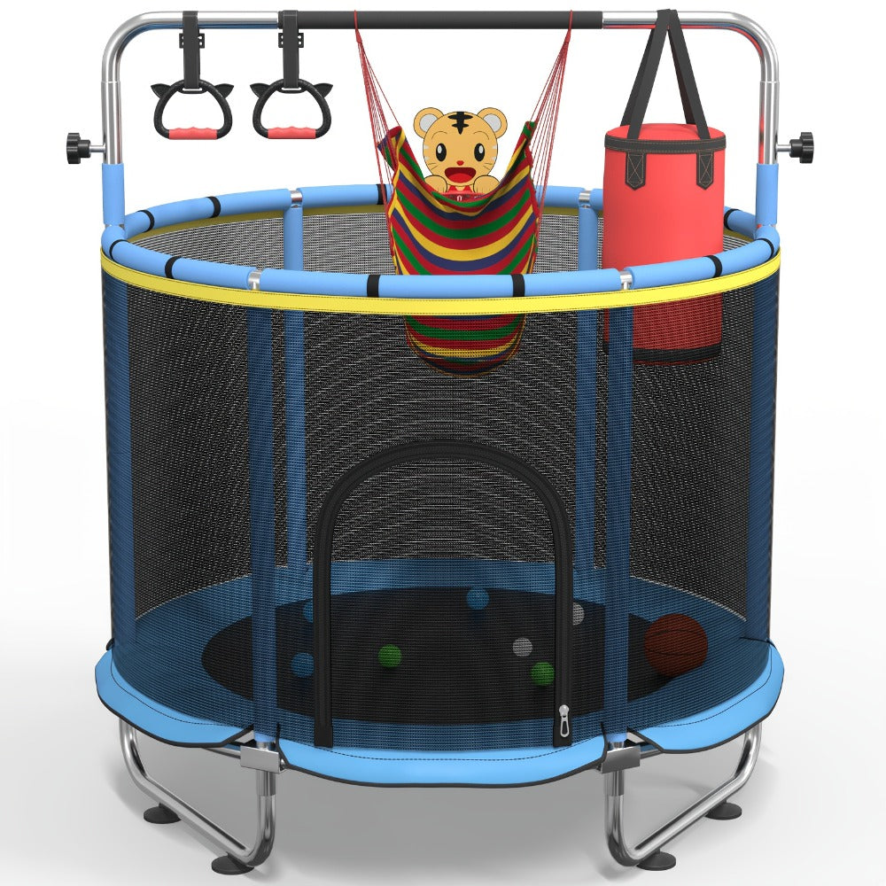 Kids Trampoline with Enclosure and Gymnastics Bar, 60" Height Adjustable Safety Net Trampoline for Toddlers Ages 3+