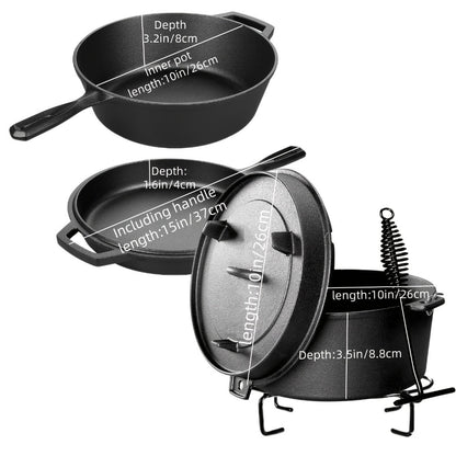Cast Iron Cookware Set for Kitchen Camping BBQ – Non-Stick Skillet Dutch Pot Frying Pan Baking Tray Griddle Options