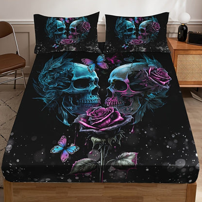 Gothic Skull Rose Fitted Sheet Set 3-Piece Halloween Bedding, HD Print Skull Flower Deep Pocket Fitted Sheet with 2 Pillowcases