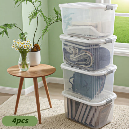 Four-Pack 46-Quart Clear Storage Bins with Latching Lids, Side Handles and Stackable Shape