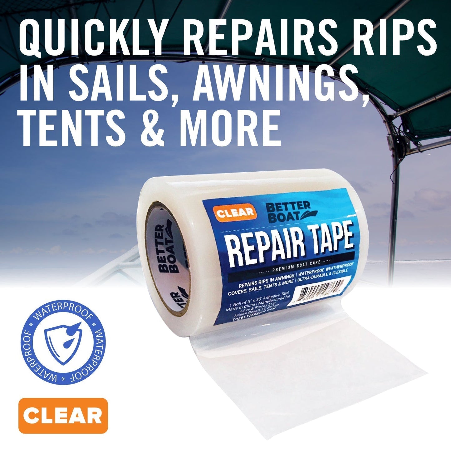 Heavy Duty Waterproof Repair Tape 30FT x 3in Canvas Fabric Patch Tape for RV Awning Boat Cover Tent Tarp Sail Air Mattress Pop-Up Camper
