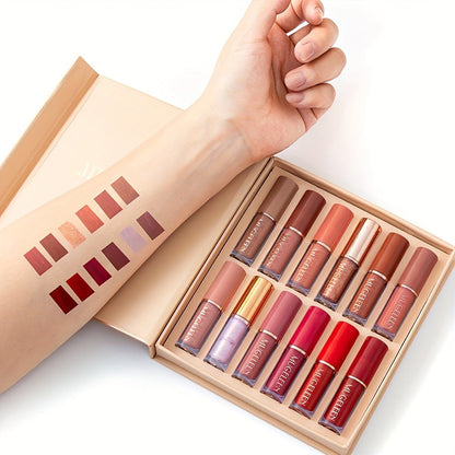 Non-Stick Matte Lip Gloss Set 12 Pcs Non-Fading Long-Lasting Liquid Lipstick Assorted Colors with Wand Applicator