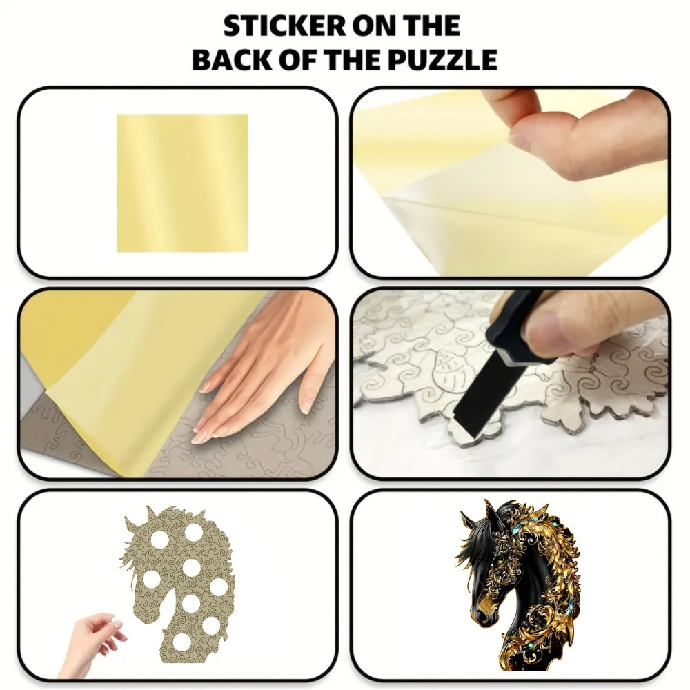 Ornate Horse Silhouette Wooden Jigsaw Puzzle with Gold-Tone Scrollwork in Three Size Options for Display