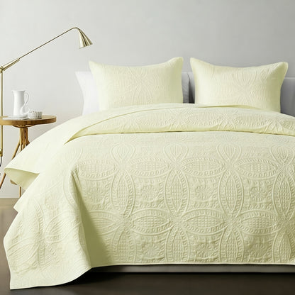 Coin-Pattern Quilted Coverlet Set with Pillowcases, Twin to King Sizes and Ten Color Choices