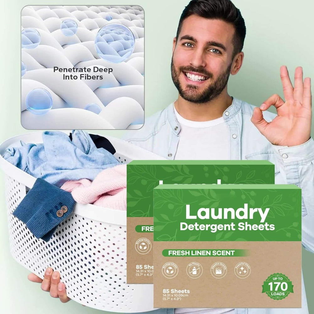 Laundry Detergent Sheets 170 Loads – 85 Sheets, Liquidless Eco-Friendly Washer Sheets, No Plastic Jug, Fresh Linen Scent
