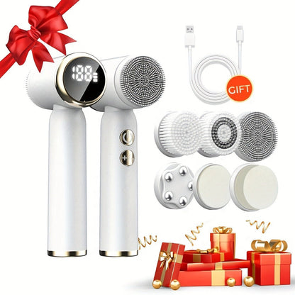 EMS Microcurrent Face Massager Device V-Face Lifting Double Chin Reducer Neck Rejuvenation 6-in-1 Brush Heads for Home or Salon Spa Use