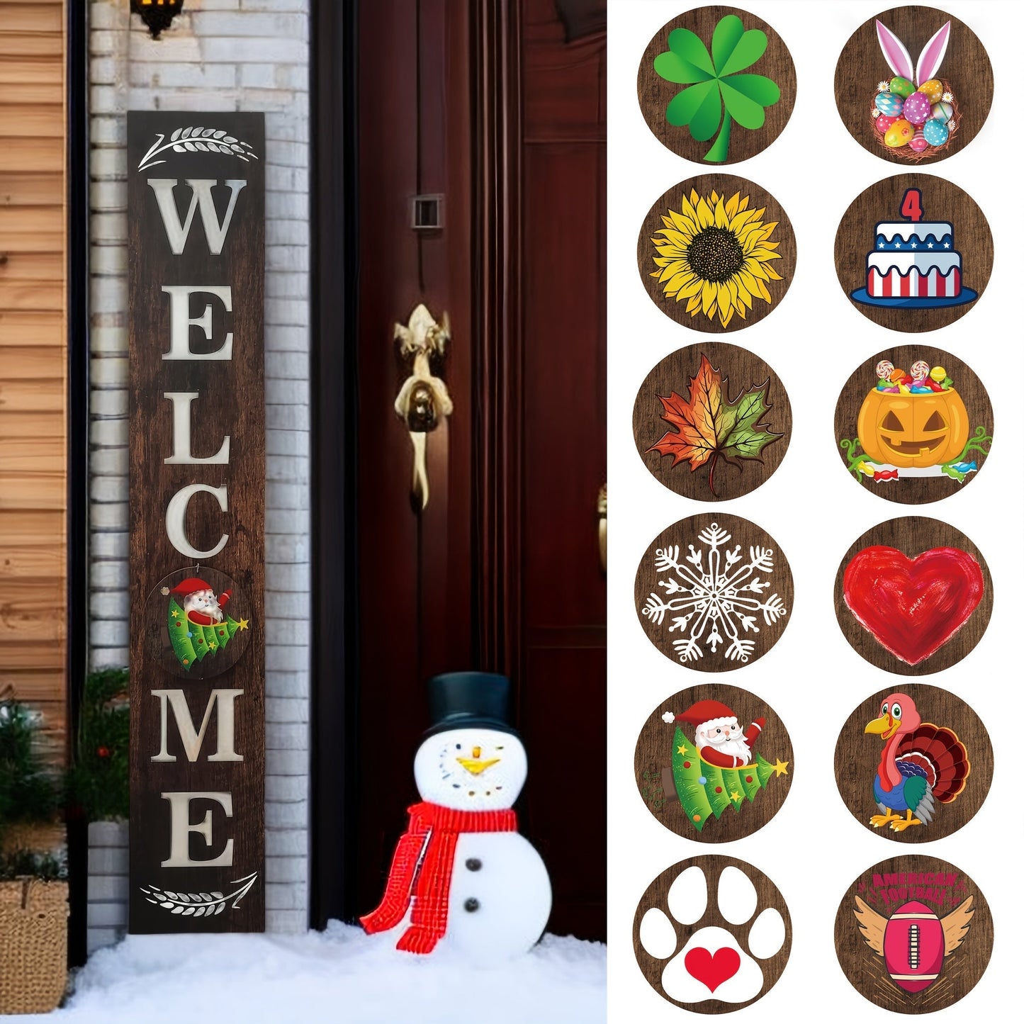 Porch Sign with 12 Interchangeable Seasonal Icons 47 Inch Tall – Welcome Sign for Front Door, Wind Resistant Leaner Board for Patio Yard