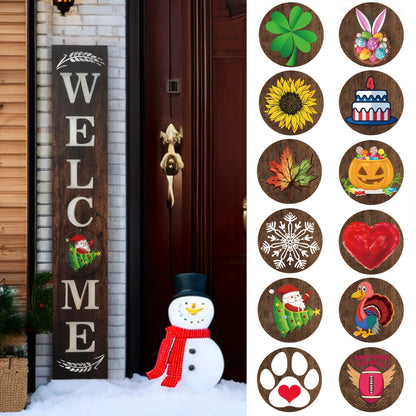 Porch Sign with 12 Interchangeable Seasonal Icons 47 Inch Tall – Welcome Sign for Front Door, Wind Resistant Leaner Board for Patio Yard