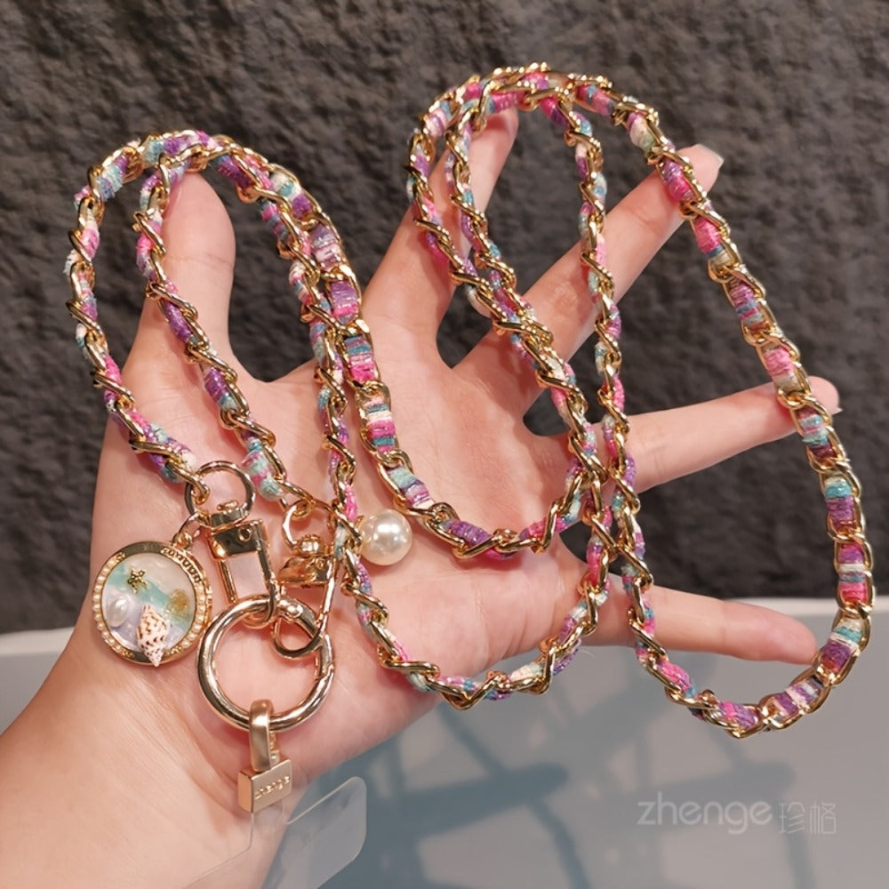 Metal Chain Phone Crossbody Strap Painted Fabric Long Lanyard Fashionable Disc Button Shoulder Phone Strap