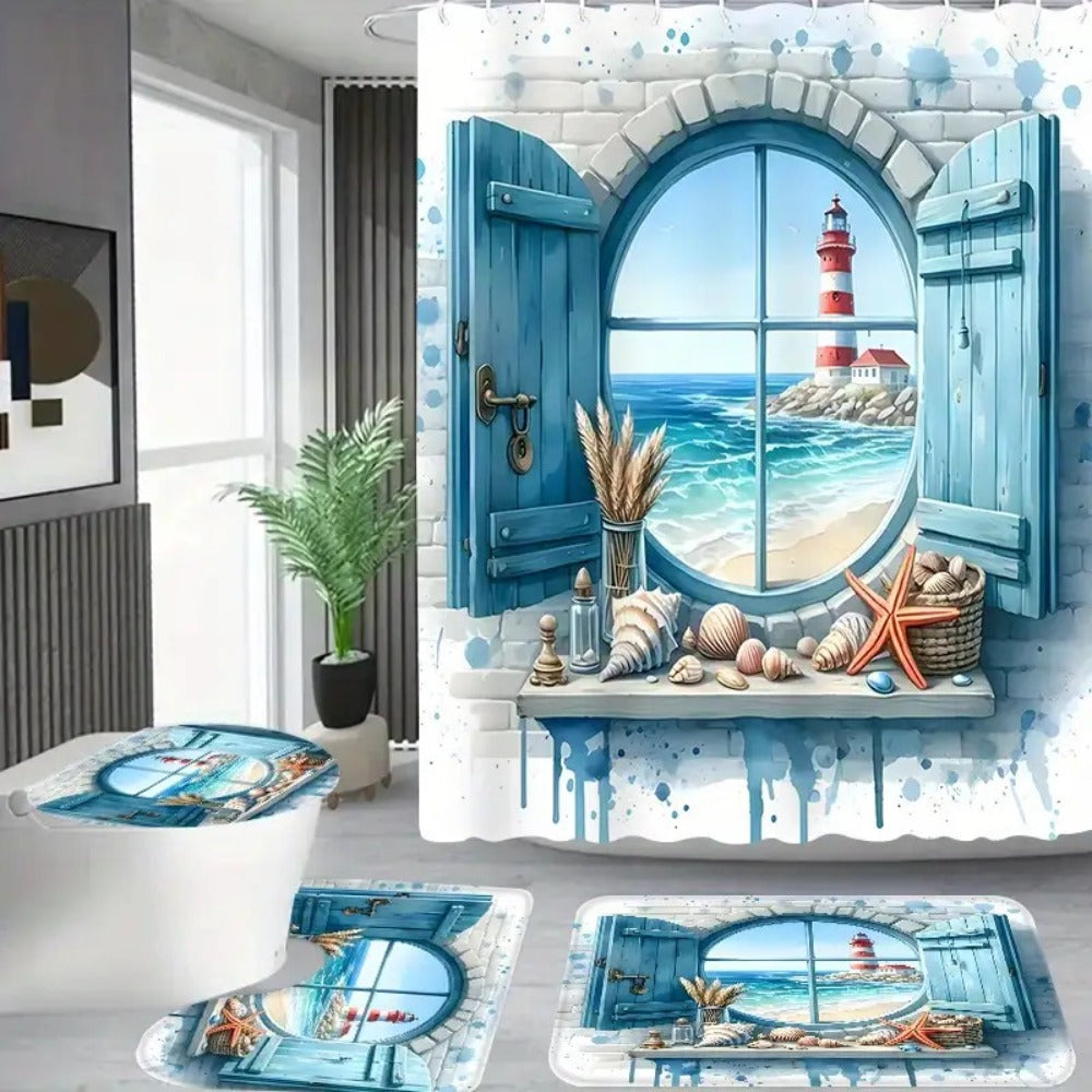 Lighthouse Ocean View Shower Curtain with Single-Curtain or Four-Piece Bathroom Set Checkout Options