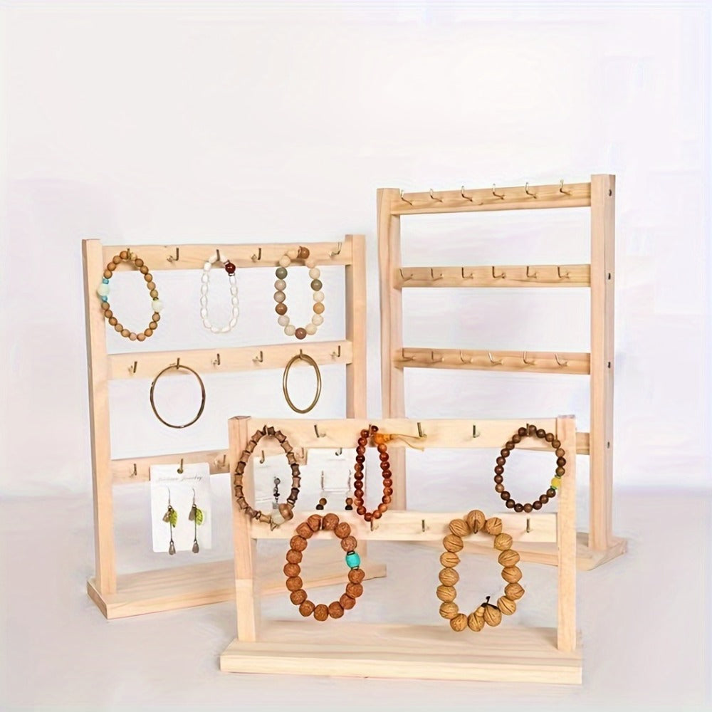 Jewelry Display Stand Multi-Layer Wooden Earring Holder Rack with Hooks Desktop Organizer for Entryways, Bedrooms and Living Spaces