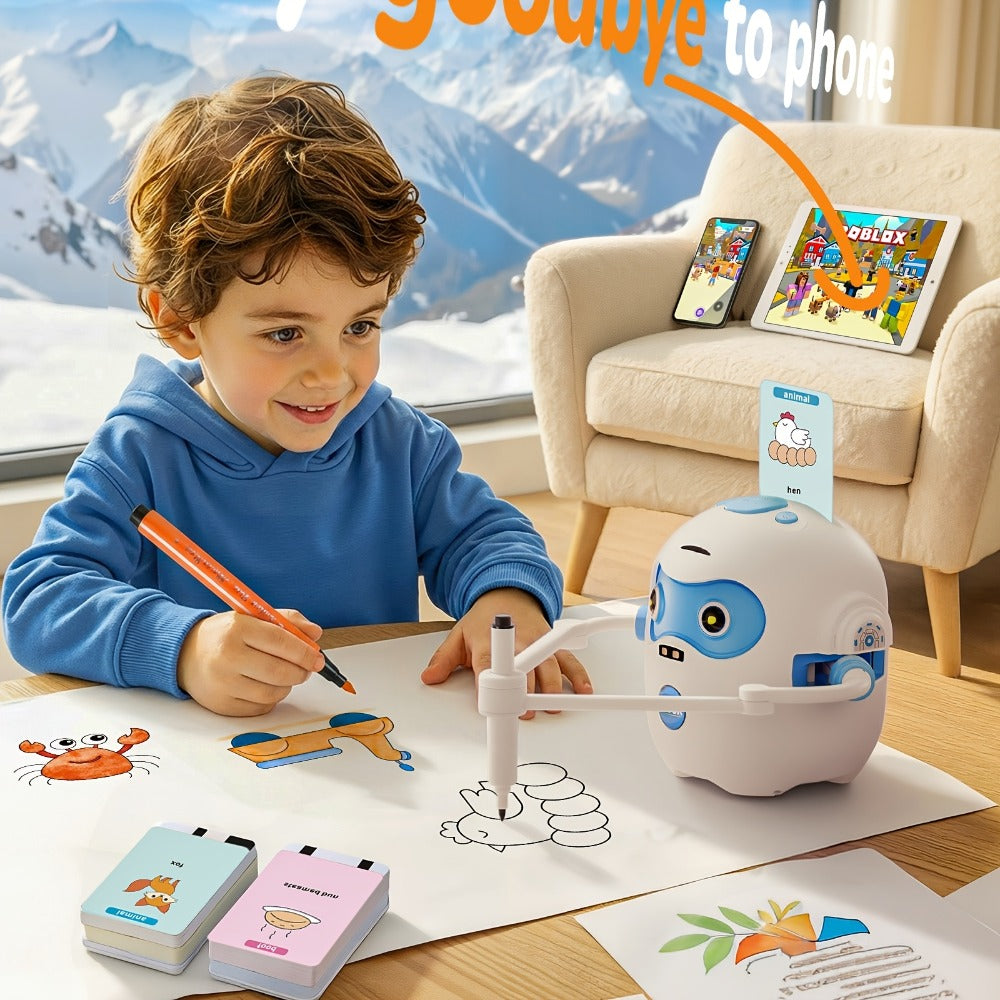 Drawing Robot for Kids Ages 3-8, Rechargeable 4-in-1 Interactive Learning Machine with 100 Drawing Cards & Color Pens