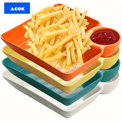 Colorful Serving Plates Set 4 Piece – BPA-Free PP Rectangular Snack, Sushi & Appetizer Plates with Dipping Sauce Compartments