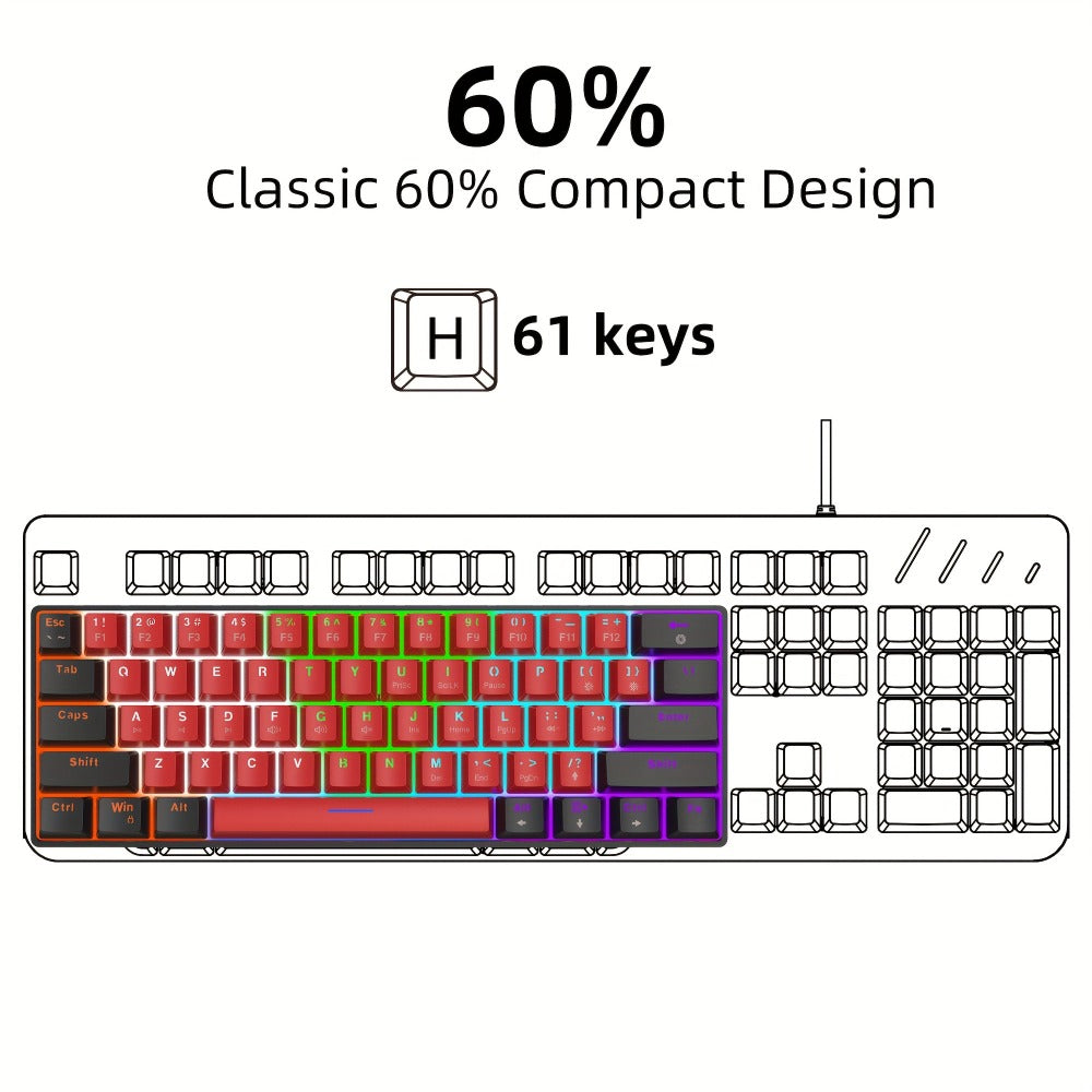 60% Mechanical Gaming Keyboard Wired 61 Keys Green Switch, Compact Tenkeyless Clicky Keyboard for PC Laptop Windows Gaming Typing