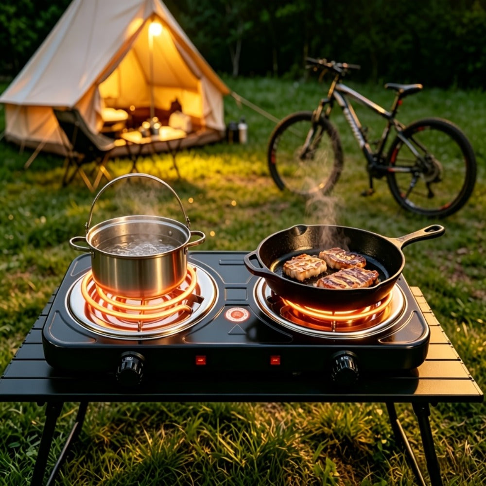Portable Electric Stove Tabletop Double Burner, Adjustable Rotary Temperature Control, Compact Electric Charcoal Heater for Home