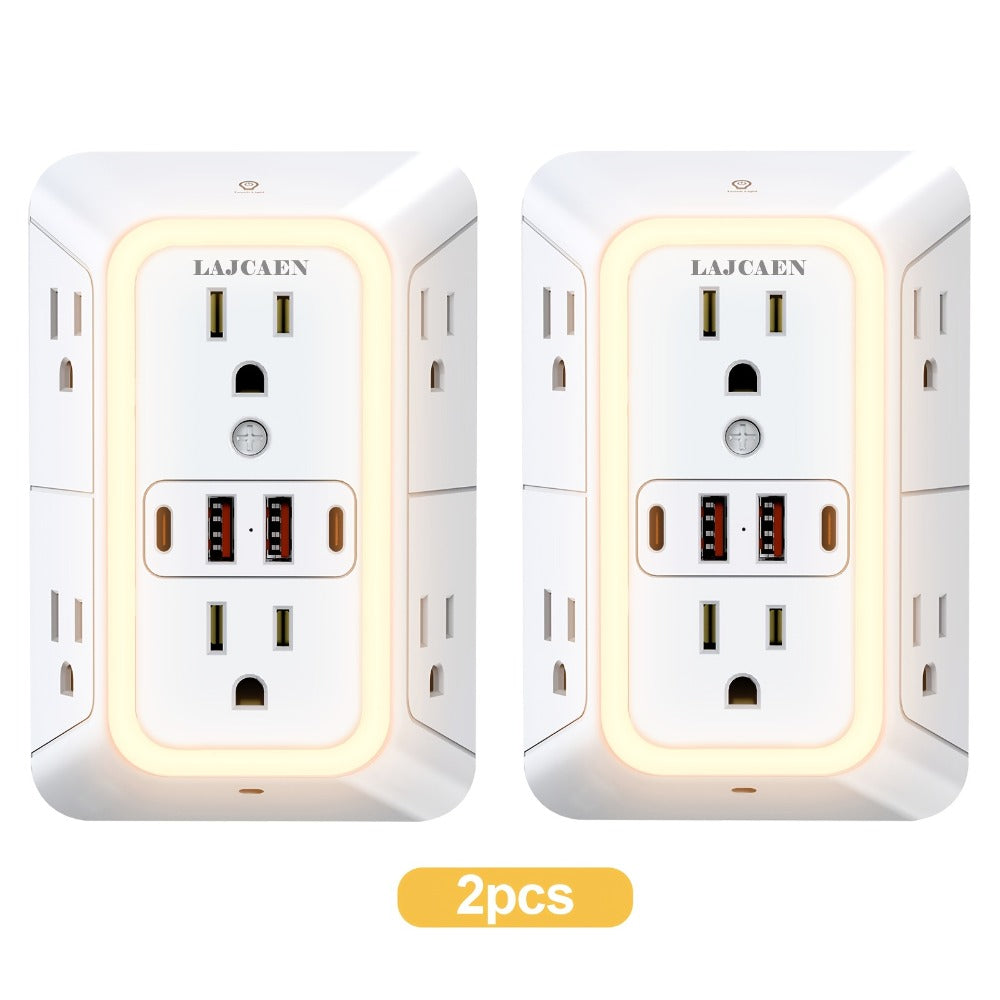 Outlet Splitter Wall Expander 10-in-1 with 6 AC Outlets 2 USB-A 2 USB-C Ports 3-Sided Plug for an Everyday Personal Care Routine