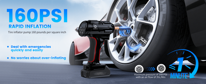 Portable Air Pump Inflator 160PSI – Auto Shut-Off, 35L/min, Dual Power (Battery/12V Car), Digital Gauge, 3-Mode LED Light for Car Tires