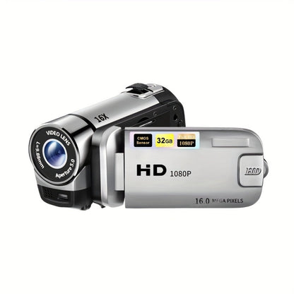 Portable 1080P Digital Camcorder with Rotating Screen & 32G Memory Card, Rechargeable Battery, Selfie Support