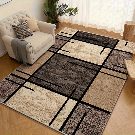 Area Rug Geometric Beige Brown 850 GSM Polyester Velvet in Four Machine-Washable Room Sizes