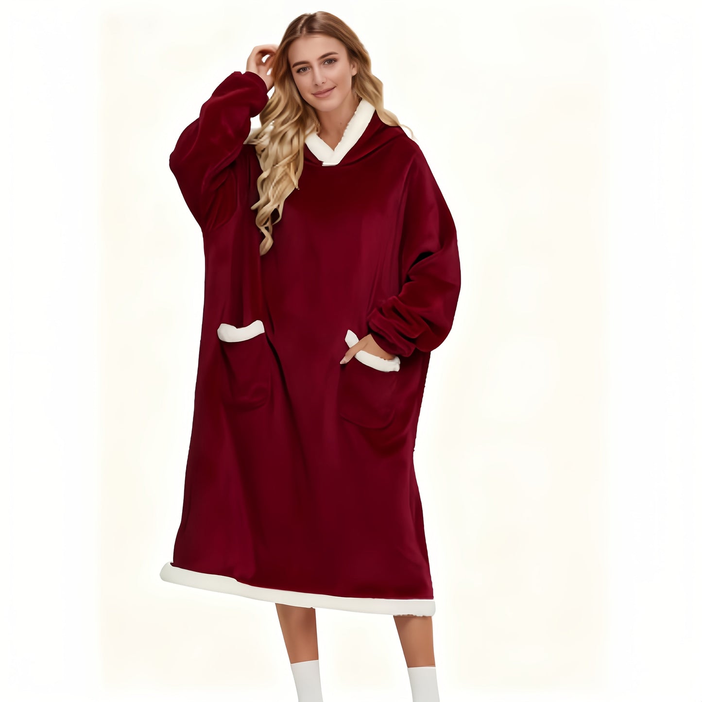Flannel-Labeled Wearable Blanket Hoodie with Front Pocket and Ten Standard or Extended Color Styles