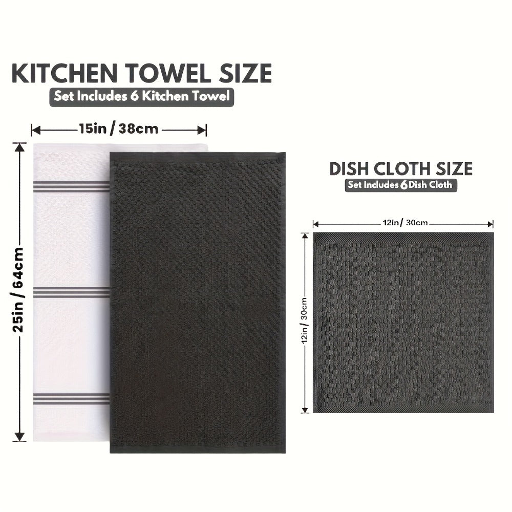 Kitchen Hand Towels, Twelve-Piece Cotton Kitchen Towel Set with Six 15 x 25-Inch Hand Towels and Six 12 x 12-Inch Washcloths