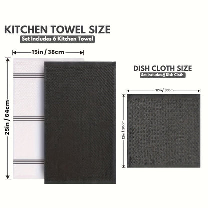 Kitchen Hand Towels, Twelve-Piece Cotton Kitchen Towel Set with Six 15 x 25-Inch Hand Towels and Six 12 x 12-Inch Washcloths