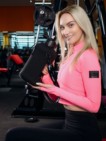 74oz Half Gallon Water Bottle with Straw & Handle, Large Gym Water Jug with Sleeve & Bottle Brush