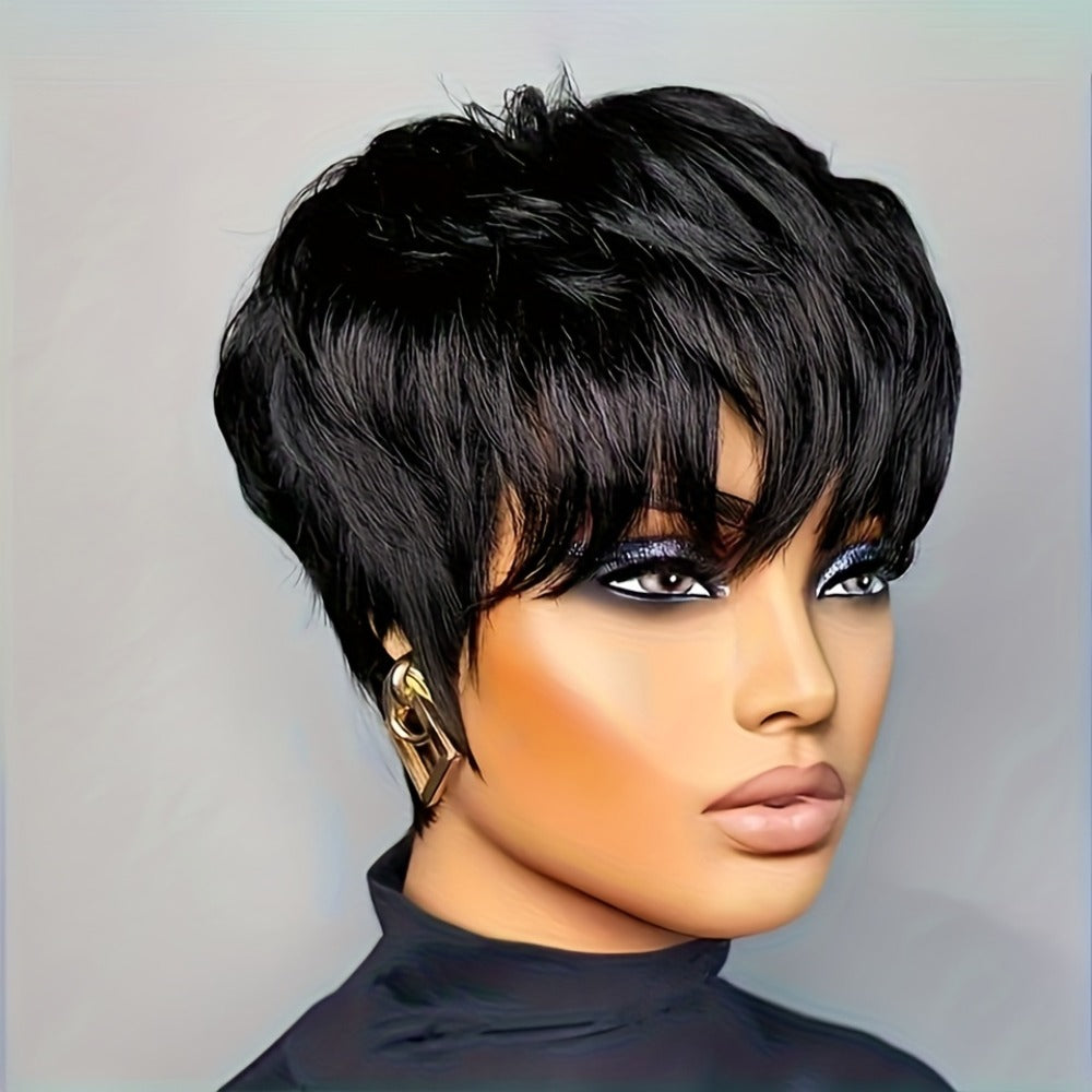 Straight Pixie Human Hair Wig with Bangs, Black 6-Inch Length and Approximately 22.5-Inch Cap