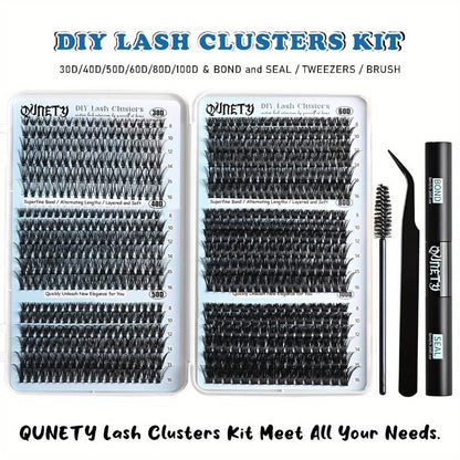 Complete 720-Piece Handmade Cluster Lash Kit with Glue & Tweezers, 30D to 100D, 6 Styles & Lengths