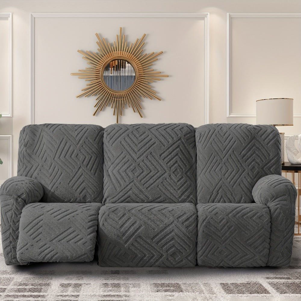Sofa Cover Three-Seat Jacquard Knit Slipcover with Side Pocket, Elastane Stretch and Seven Solid Colors