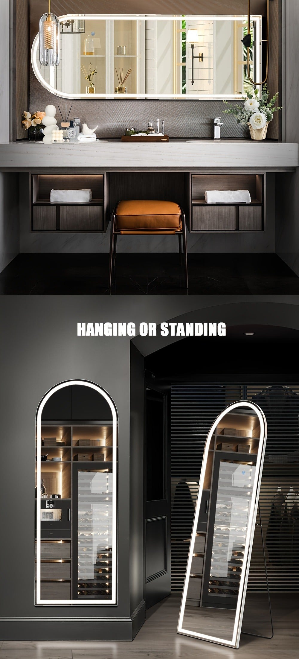 Full Length Mirror Floor Standing with LED Light – Arched & Rect Aluminum Frame Dressing Mirror for Bedroom Living Room, Black/Golden/White