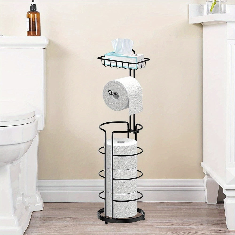 Freestanding Toilet Paper Holder with Round Four-Roll Storage Cage, Upper Shelf and One- or Two-Pack Options