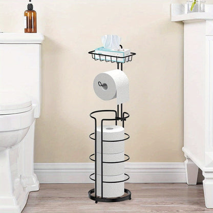 Freestanding Toilet Paper Holder with Round Four-Roll Storage Cage, Upper Shelf and One- or Two-Pack Options