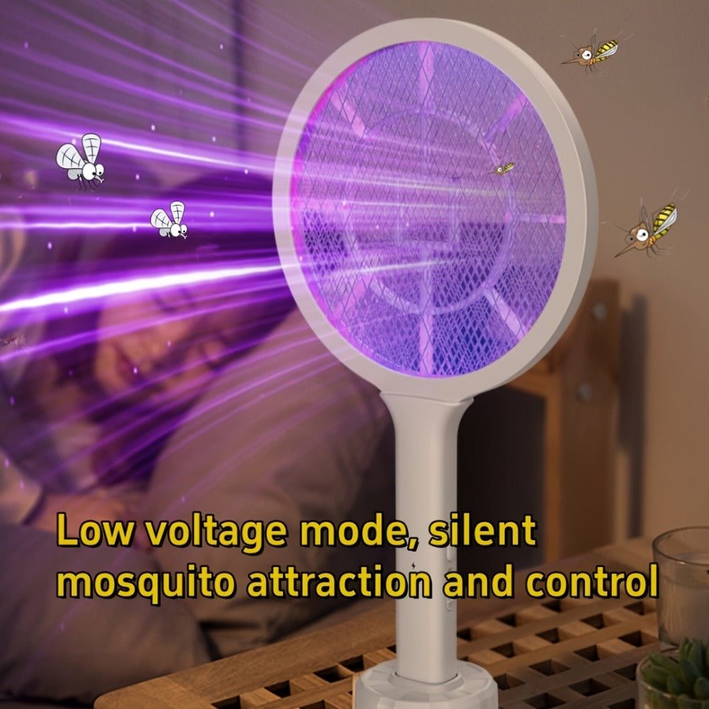 Electric Mosquito Swatter Racket Bug Zapper with LED Night Light & USB Charging, Handheld Insect with Base Stand