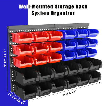 Wall Mounted Storage Bin Rack System, Small Parts Organizer for Screws, Nuts, Bolts & Nails, Stackable Garage Workshop Tool Storage Rack
