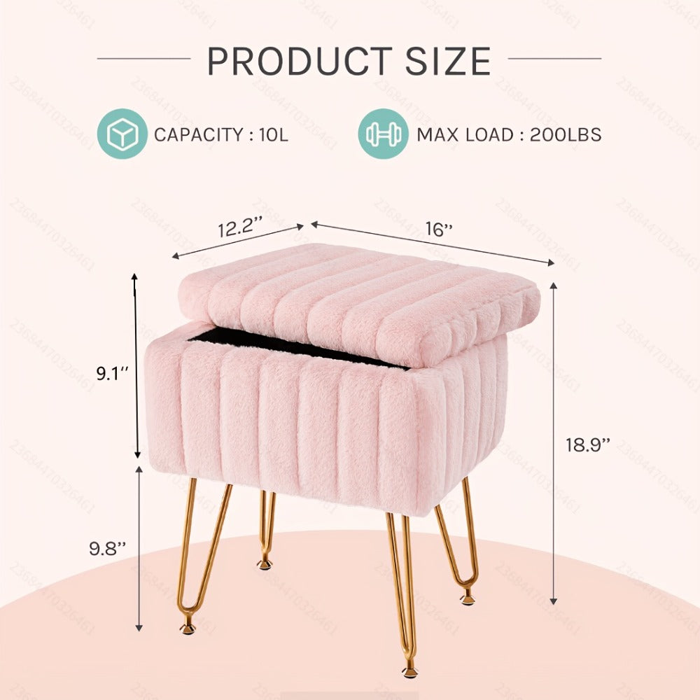 Faux Fur Storage Ottoman Stool, Furry Vanity Seat with Storage, 4 Metal Legs & Feet, Cute Modern Multi-Function Chair for Bedroom