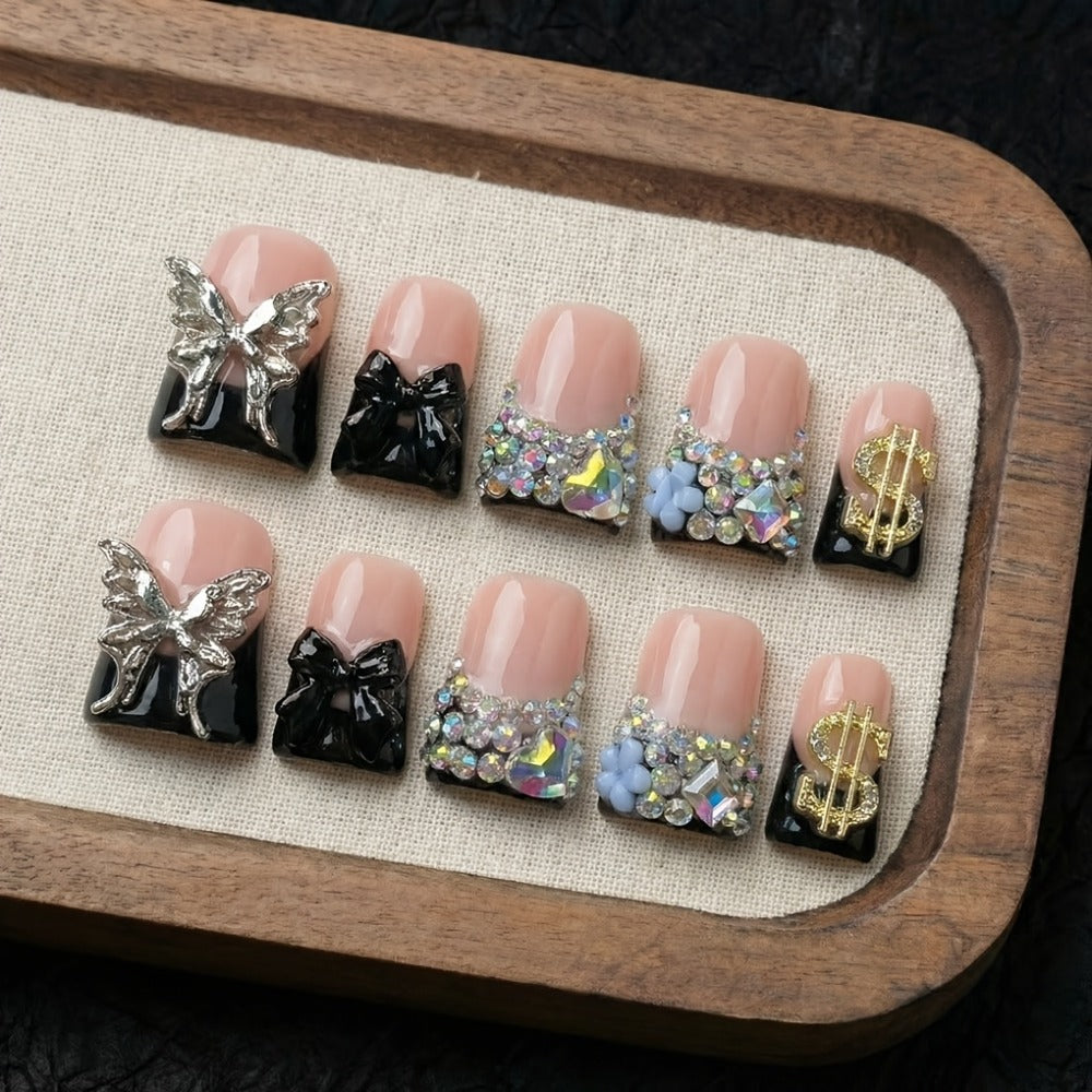 Press On Nails 10-Piece Medium Duckbill Set with Black Nude Color Block, Butterfly, Glitter and AB Rhinestones