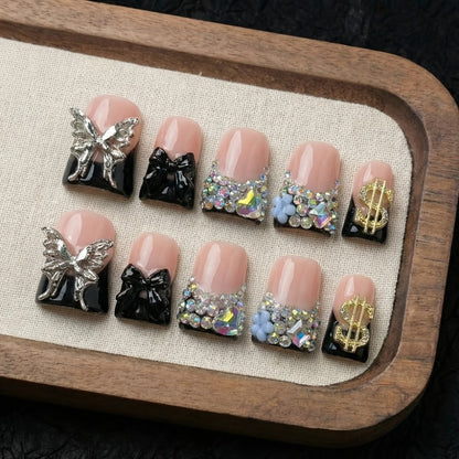 Press On Nails 10-Piece Medium Duckbill Set with Black Nude Color Block, Butterfly, Glitter and AB Rhinestones