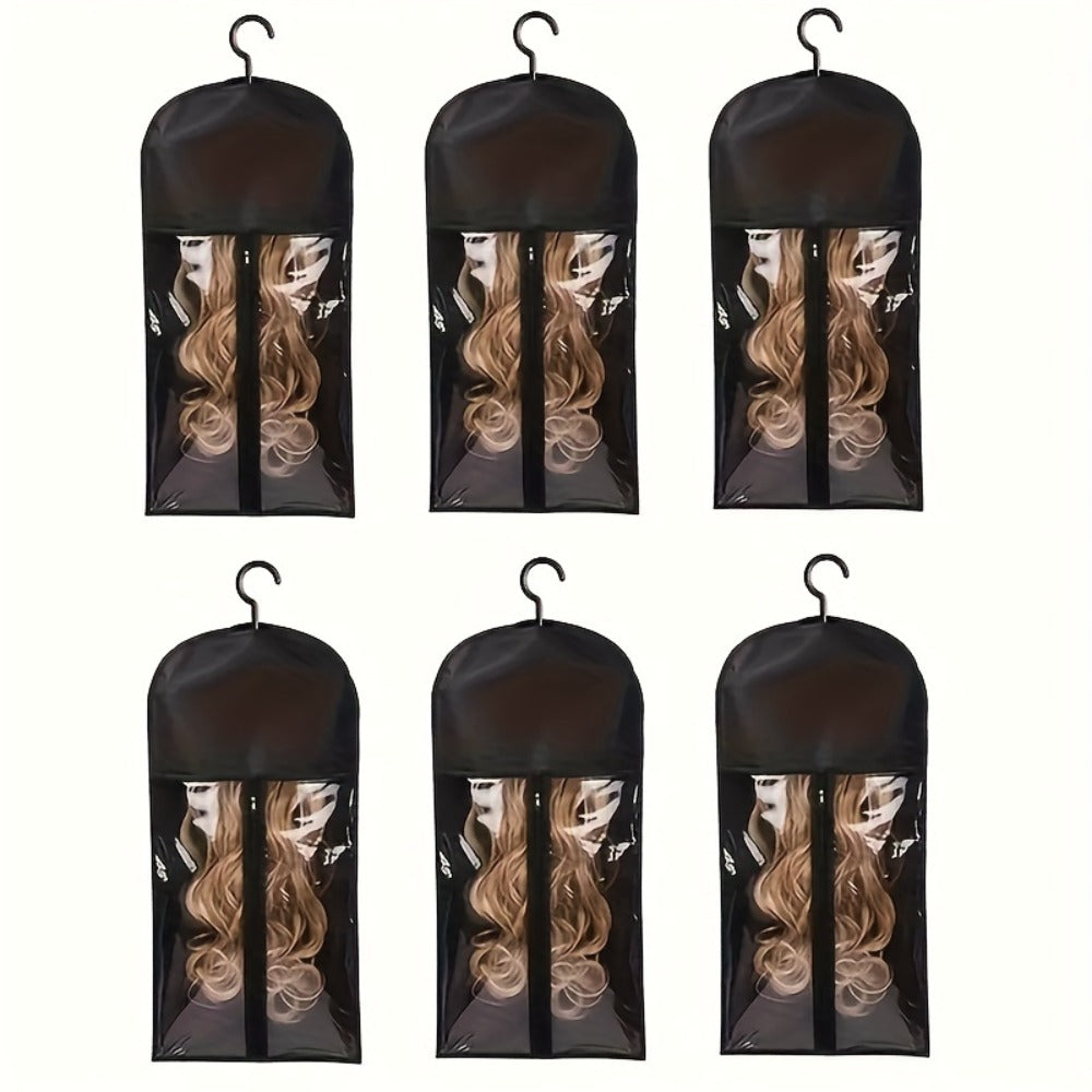 Hanging Wig Storage Bags, Six-Piece Black Set with Clear Front Panels, Zippers and Integrated Hangers