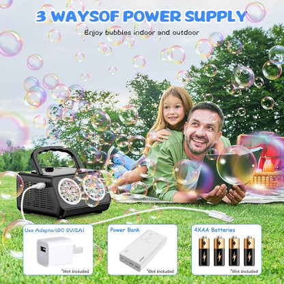 White Dual-Wheel Bubble Machine with Material Thickened Label, Handle, USB Port and Battery Compartment