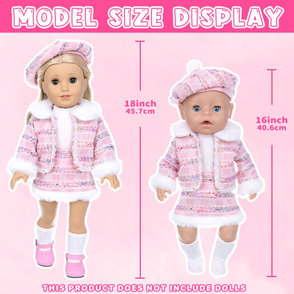 18 Inch Doll Knitted Clothes Outfit Set with Hat Jacket Skirt Shoes Socks Sunglasses Lipstick